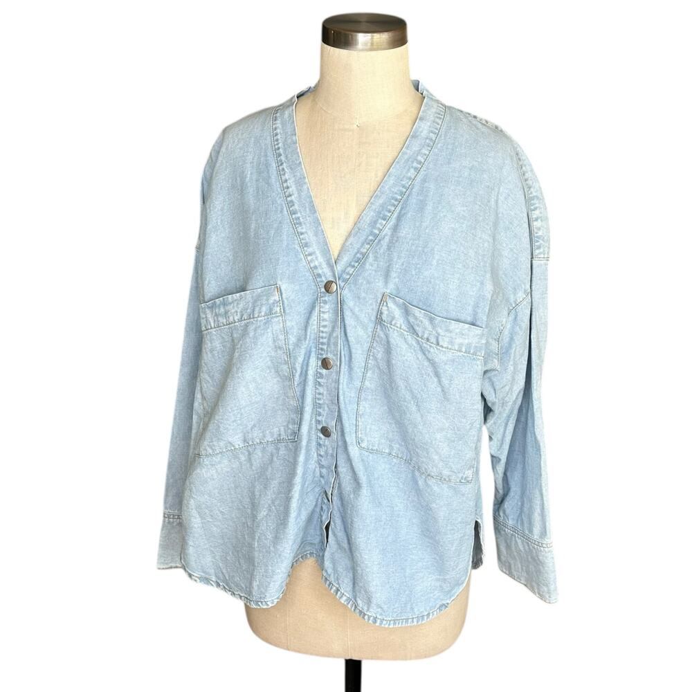 CHLOE STORA Paris Blue Chambray Cotton‎ Linen Button Down Top Women's Size 40 L